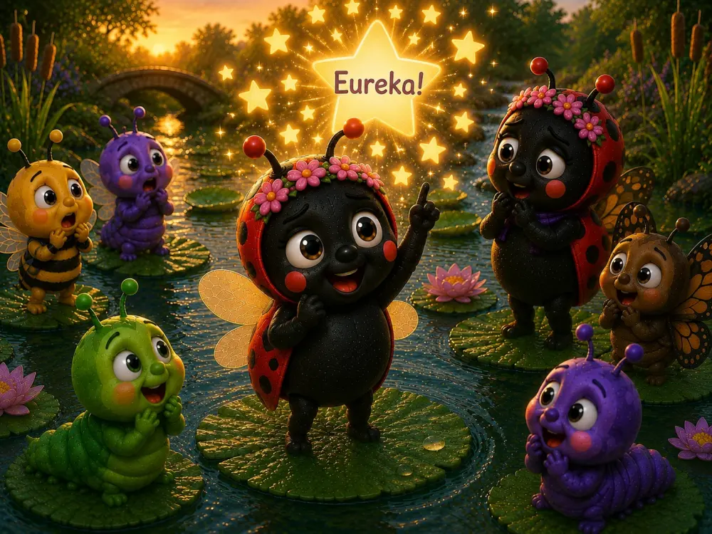 Luna stands upright and joyful as gold stars burst from her head above the word 'Eureka!', surrounded by delighted animal friends on lily pads.