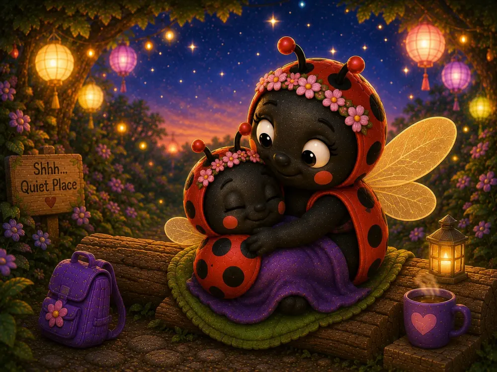 Luna, wings wrapped snugly around her, rests held close by Mama Ladybug under string lights and a quiet 'Shhh... Quiet Place' sign.