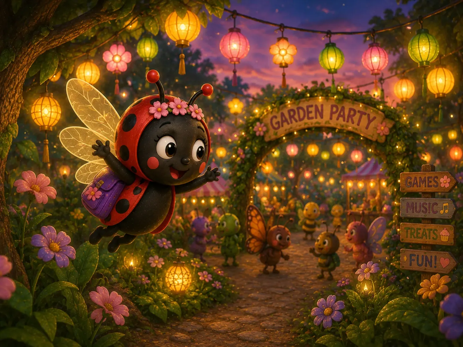 Luna, a warm coral ladybug with a flower crown, flies joyfully past glowing lanterns toward a garden party.