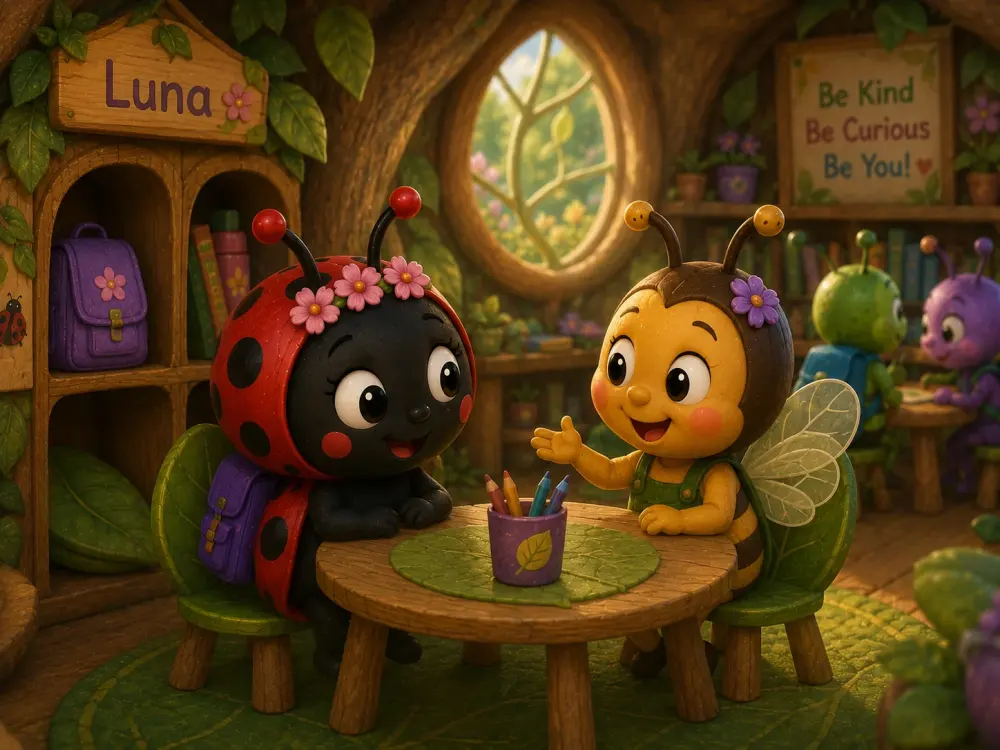 Luna sits at a small round table with a bee friend in a cozy treehouse classroom, under a sign that reads 'Be Kind, Be Curious, Be You.'