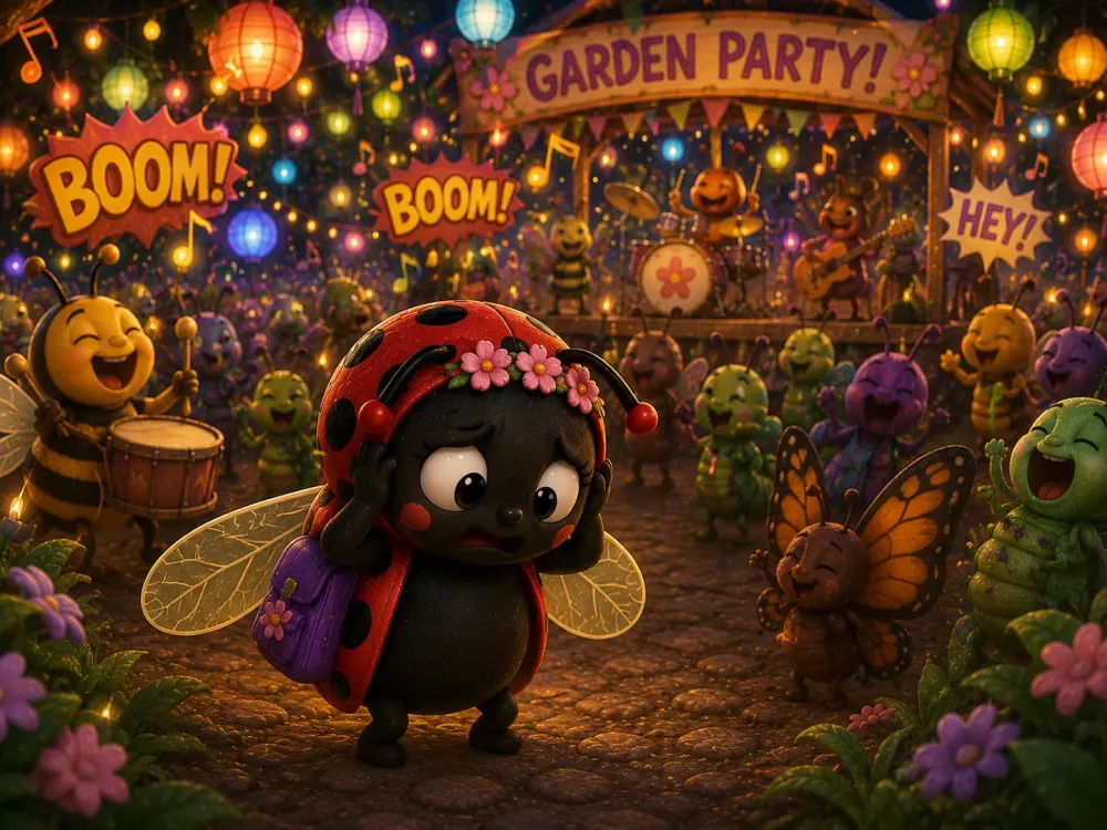 Luna covers her ears, overwhelmed, as a loud garden party full of music and lanterns swirls around her.